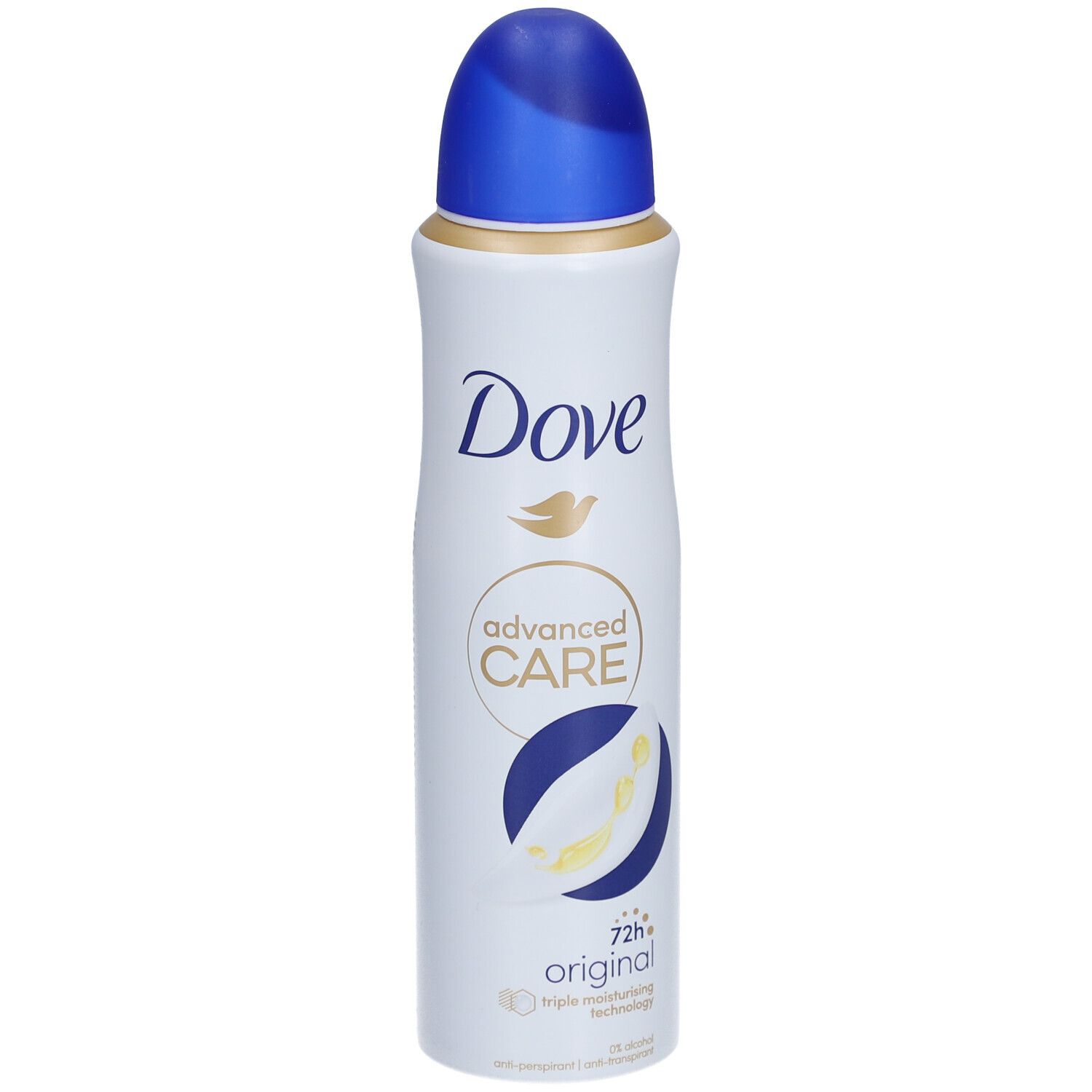 Spray déodorant blanc avec bouchon bleu. Inscription Dove, Advanced Care, Original. Efficacité 72h.