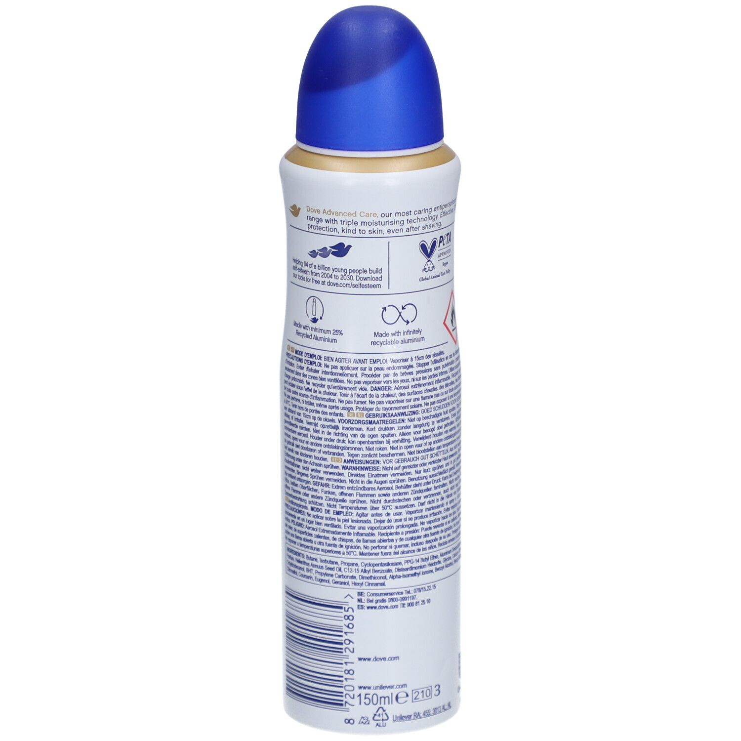 Vue latérale du spray déodorant. Texte sur le flacon. Contient des informations sur les ingrédients et le fabricant.