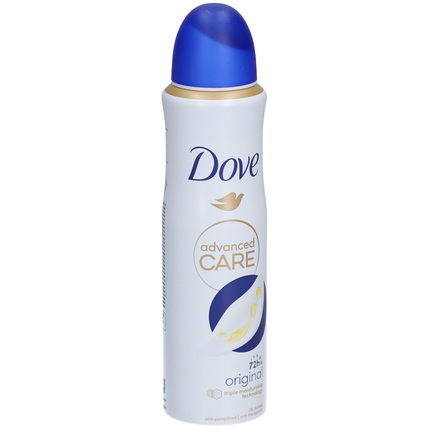 Spray déodorant blanc avec bouchon bleu. Inscription Dove, Advanced Care, Original. Efficacité 72h.
