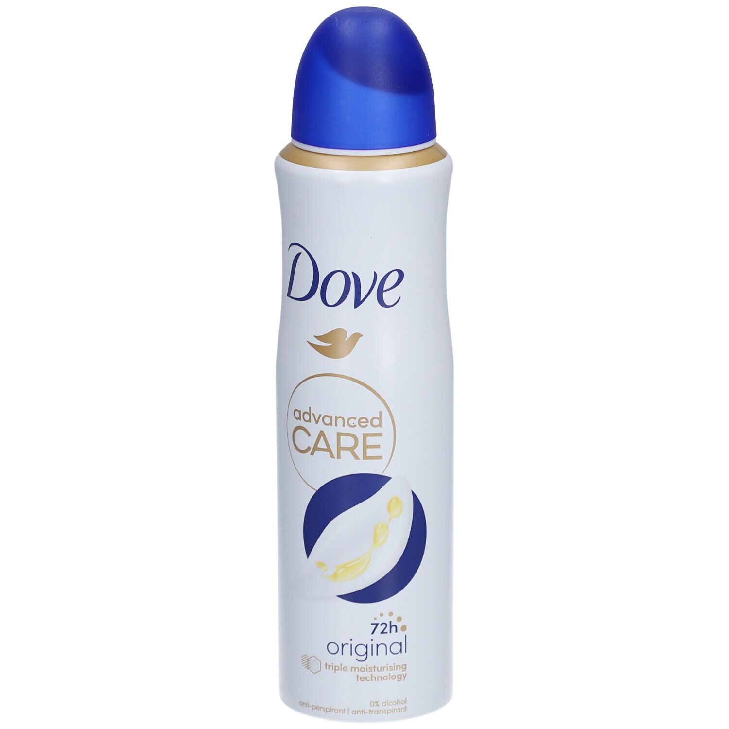 Spray déodorant blanc avec bouchon bleu. Inscription Dove, Advanced Care, Original. Efficacité 72h.