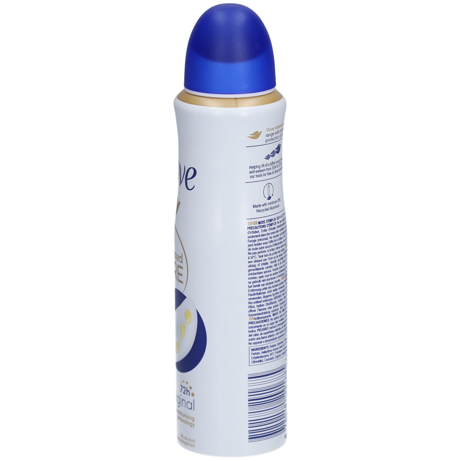 Vue latérale du spray déodorant. Texte sur le flacon. Contient des informations sur les ingrédients et le fabricant.