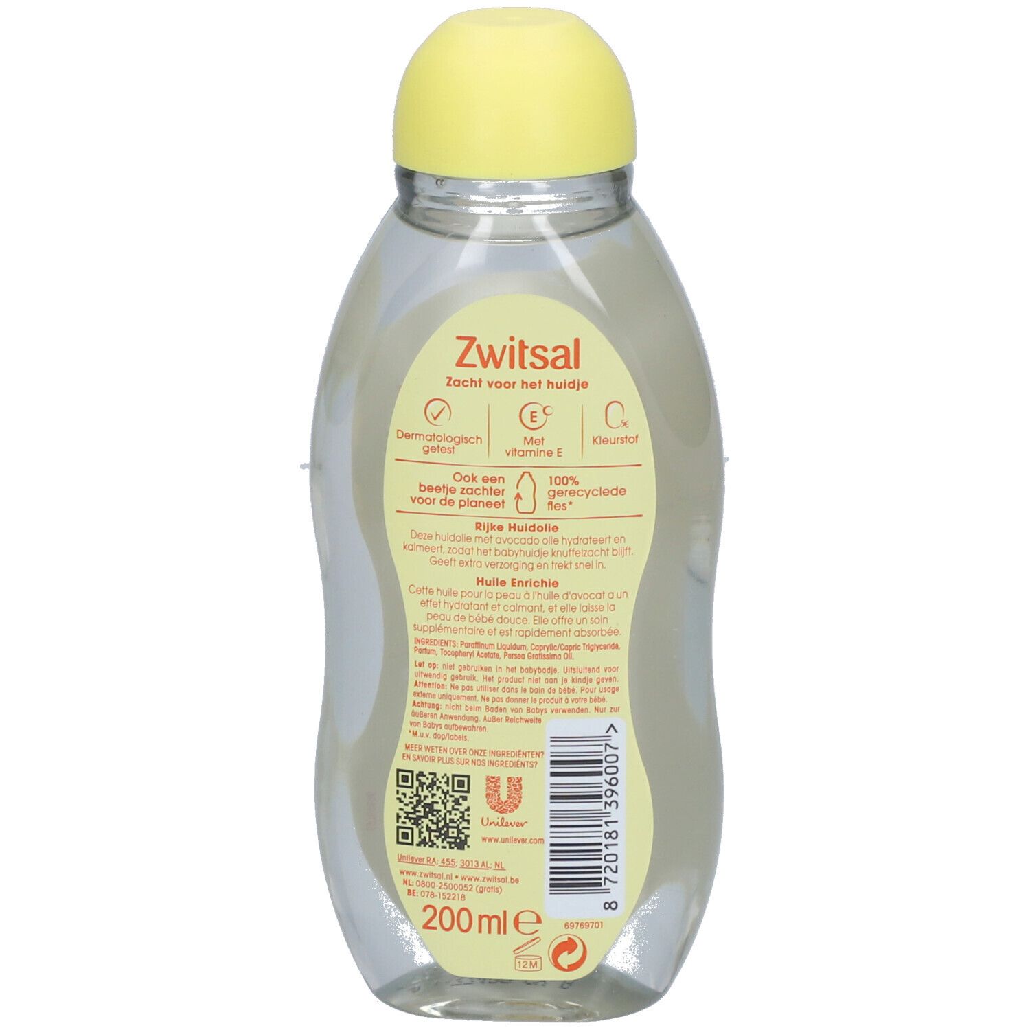 Dos du flacon. Bouchon jaune. Étiquette avec texte, code QR et logo. Indication de volume : 200 ml.
