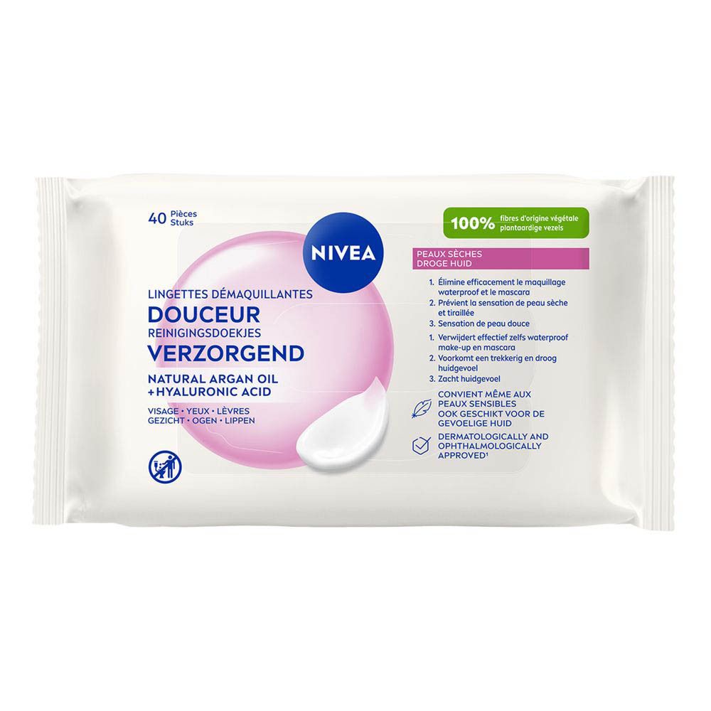 Lingettes démaquillantes Nivea Douceur 3-en-1, 40 pièces.
