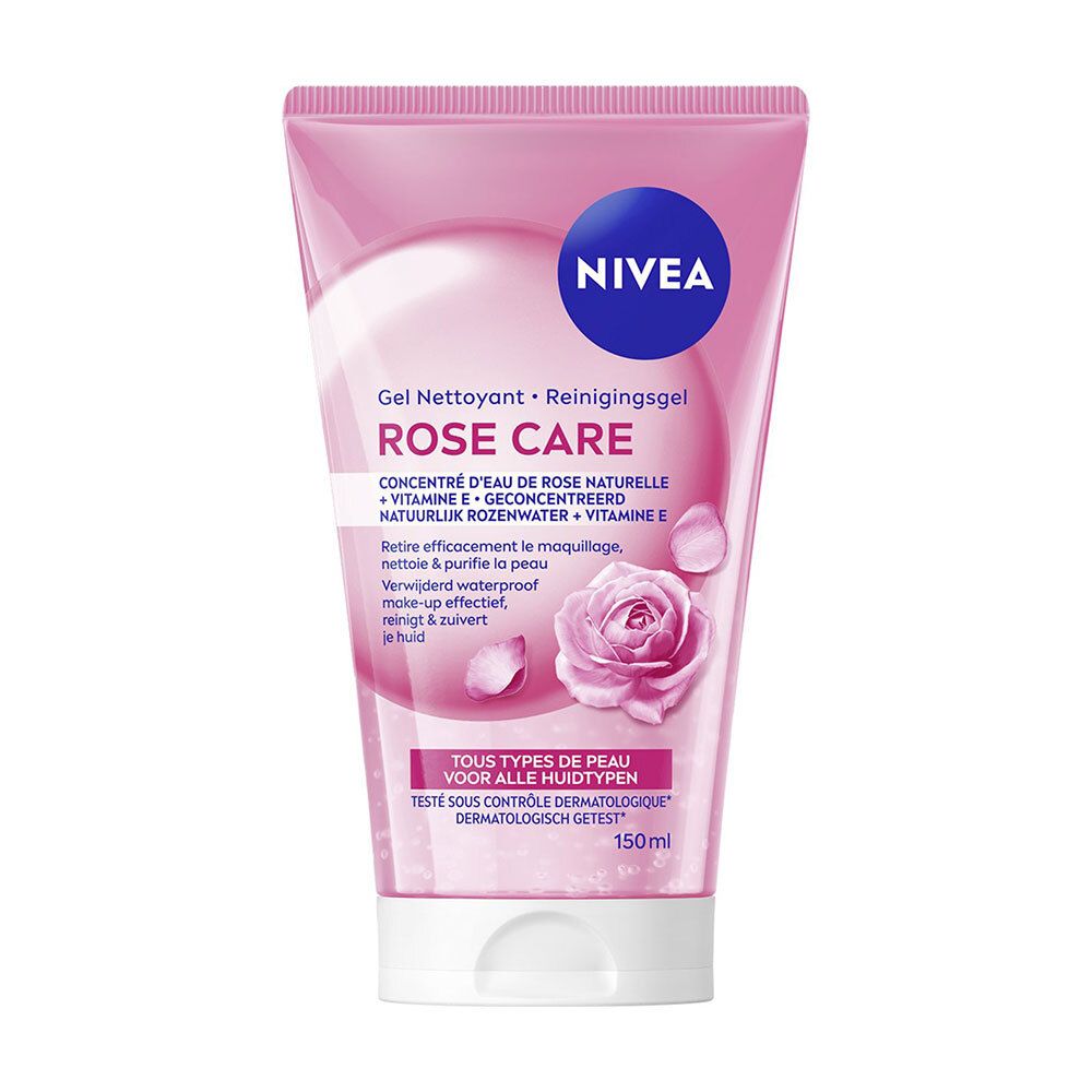 Nivea Gel Nettoyant Micellaire Rose Care à l'eau de rose bio. Tube rose avec motif floral.