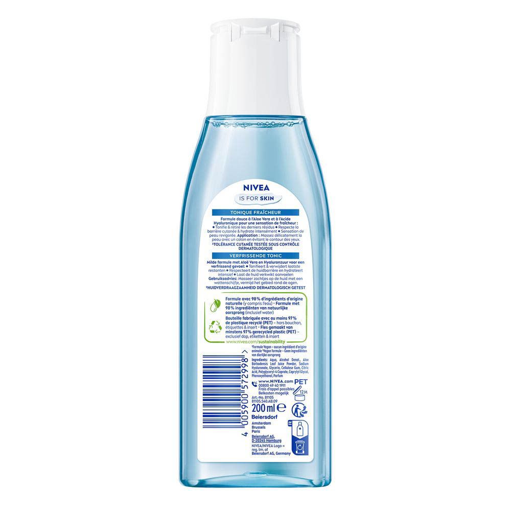 Lotion Nivea dans une bouteille transparente avec un bouchon rabattable blanc et un sceau vert.