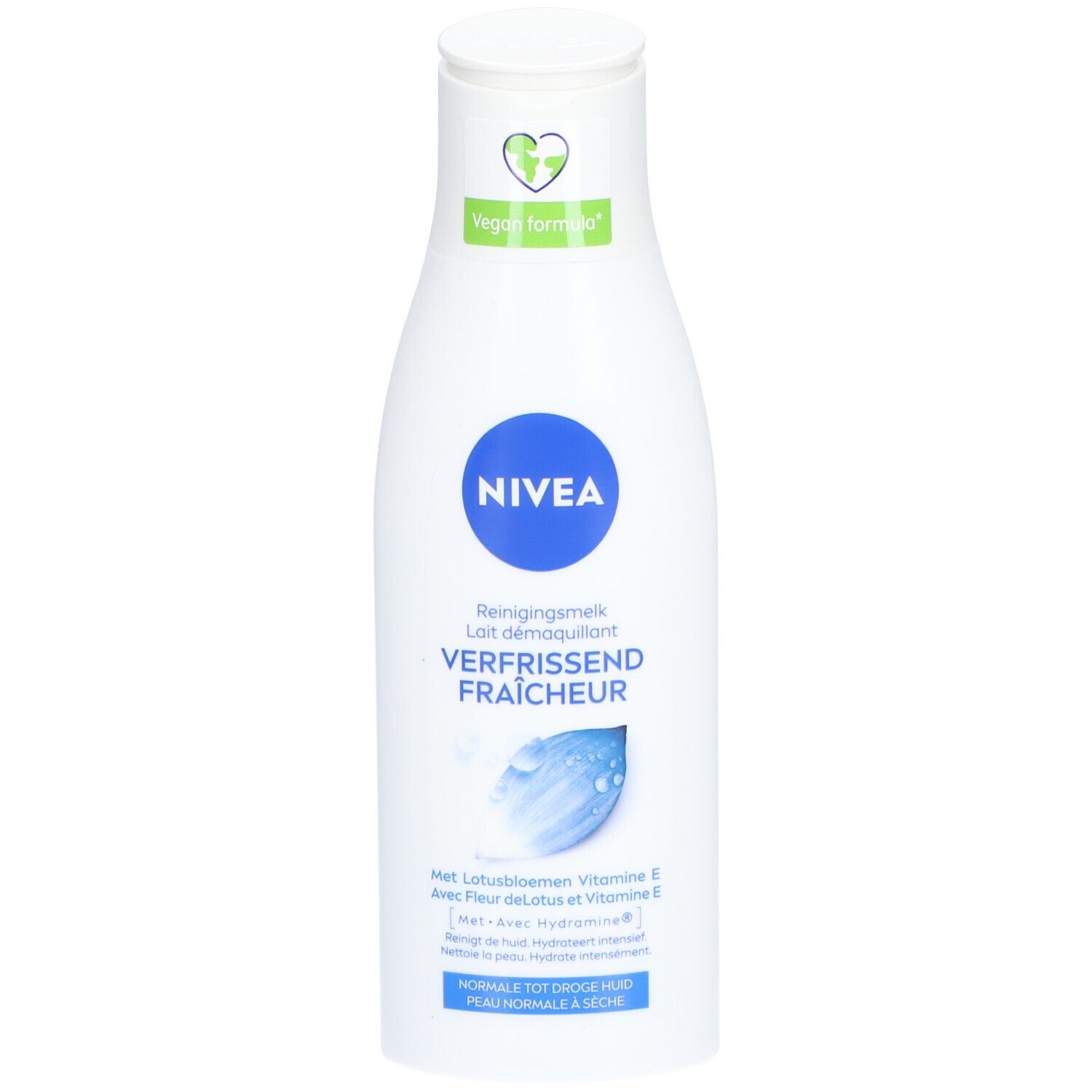 Flacon blanc avec logo bleu Nivea. Texte: Reinigingsmelk, Verfrissend Fraîcheur. Logo Formule Vegan.