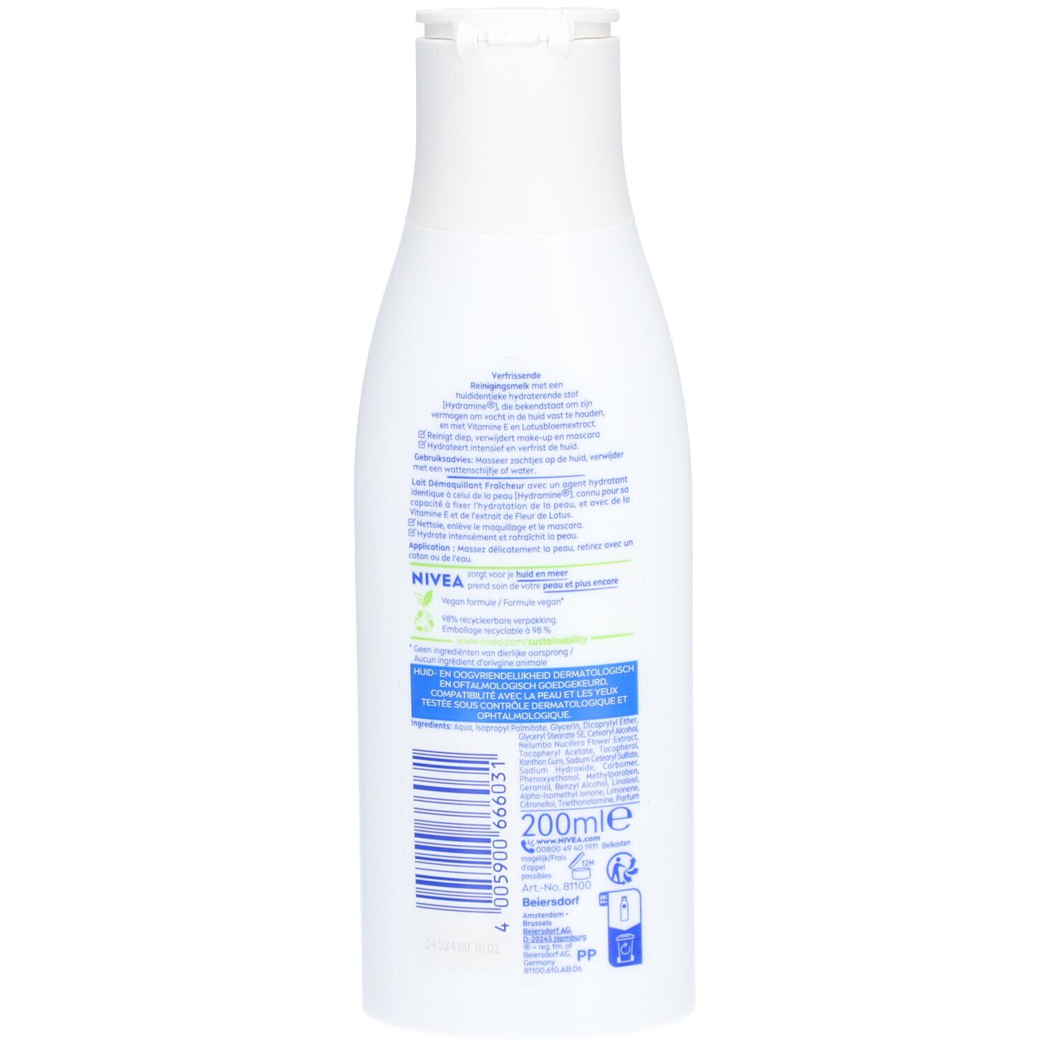 Dos du flacon blanc. Texte: Nivea, Reinigingsmelk, Verfrissend Fraîcheur. Logo Formule Vegan. 200ml.