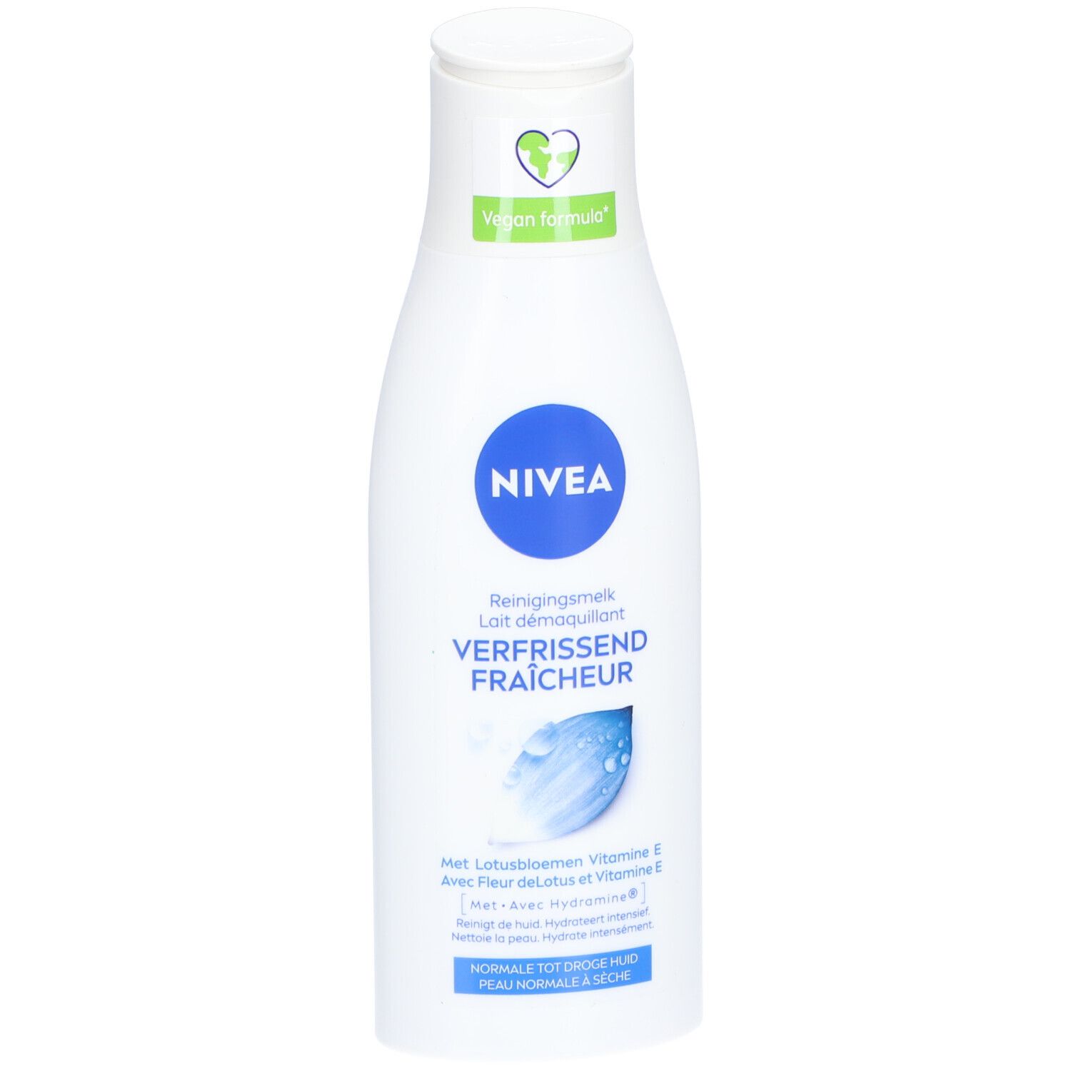 Flacon blanc avec logo bleu Nivea. Texte: Reinigingsmelk, Verfrissend Fraîcheur. Logo Formule Vegan.