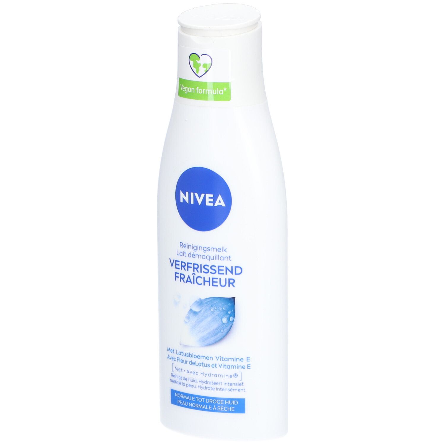 Flacon blanc avec logo bleu Nivea. Texte: Reinigingsmelk, Verfrissend Fraîcheur. Logo Formule Vegan.
