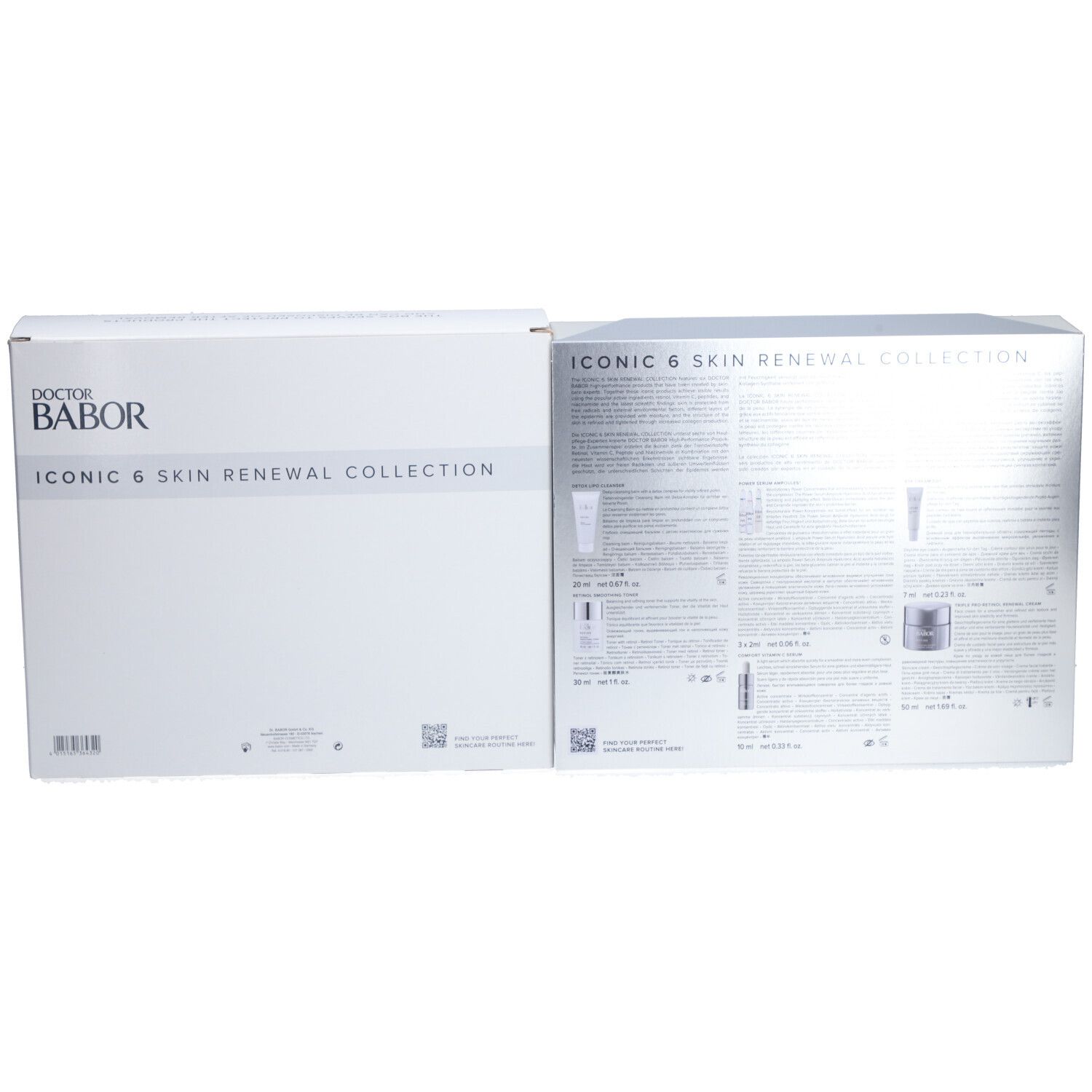 Coffret blanc ouvert, avec le nom "DOCTOR BABOR ICONIC 6 Skin Renewal Collection". Contient des illustrations de produits.