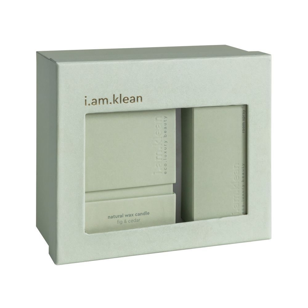 Coffret cadeau avec fenêtre. Bougie et spray. Marque i.am.klean. Vert.