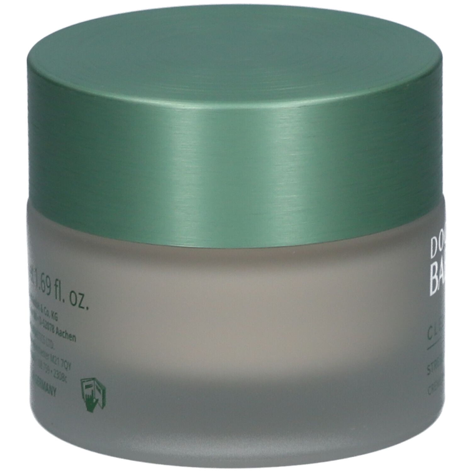 Pot de crème avec couvercle vert. Inscription : Doktor Babor, Clean Formance, Stress Defense Mushroom Cream.