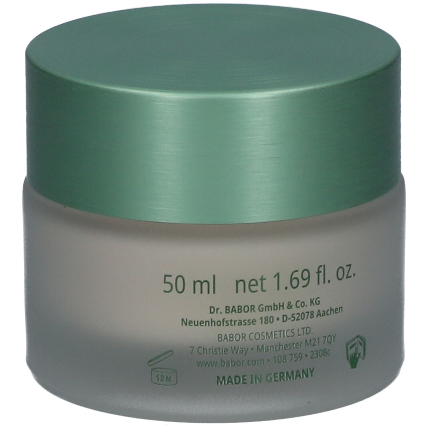 Pot de crème avec couvercle vert. Inscription : 50 ml, net 1.69 fl. oz. Informations fabricant. Fabriqué en Allemagne.