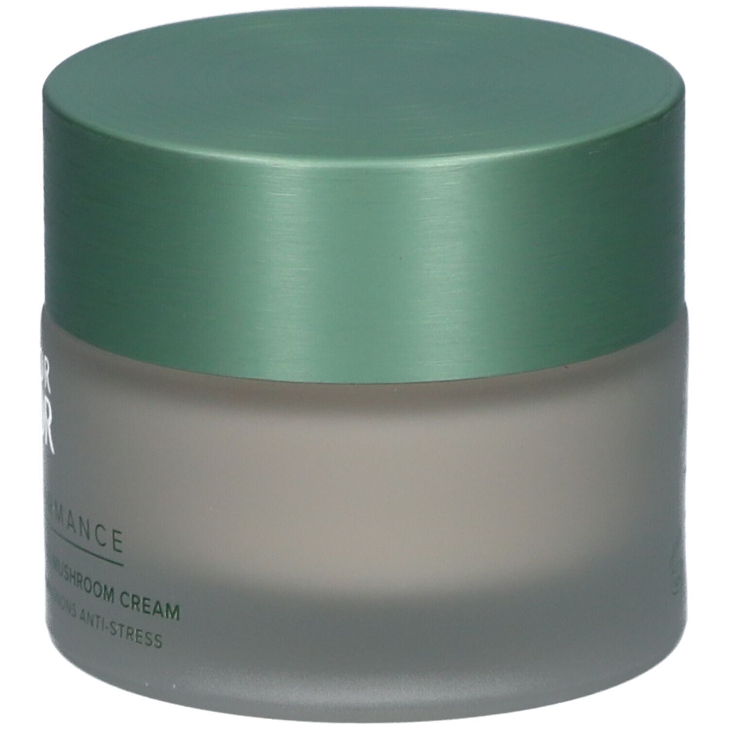 Pot de crème avec couvercle vert. Inscription : Doktor Babor, Clean Formance, Mushroom Cream, Anti-Stress.