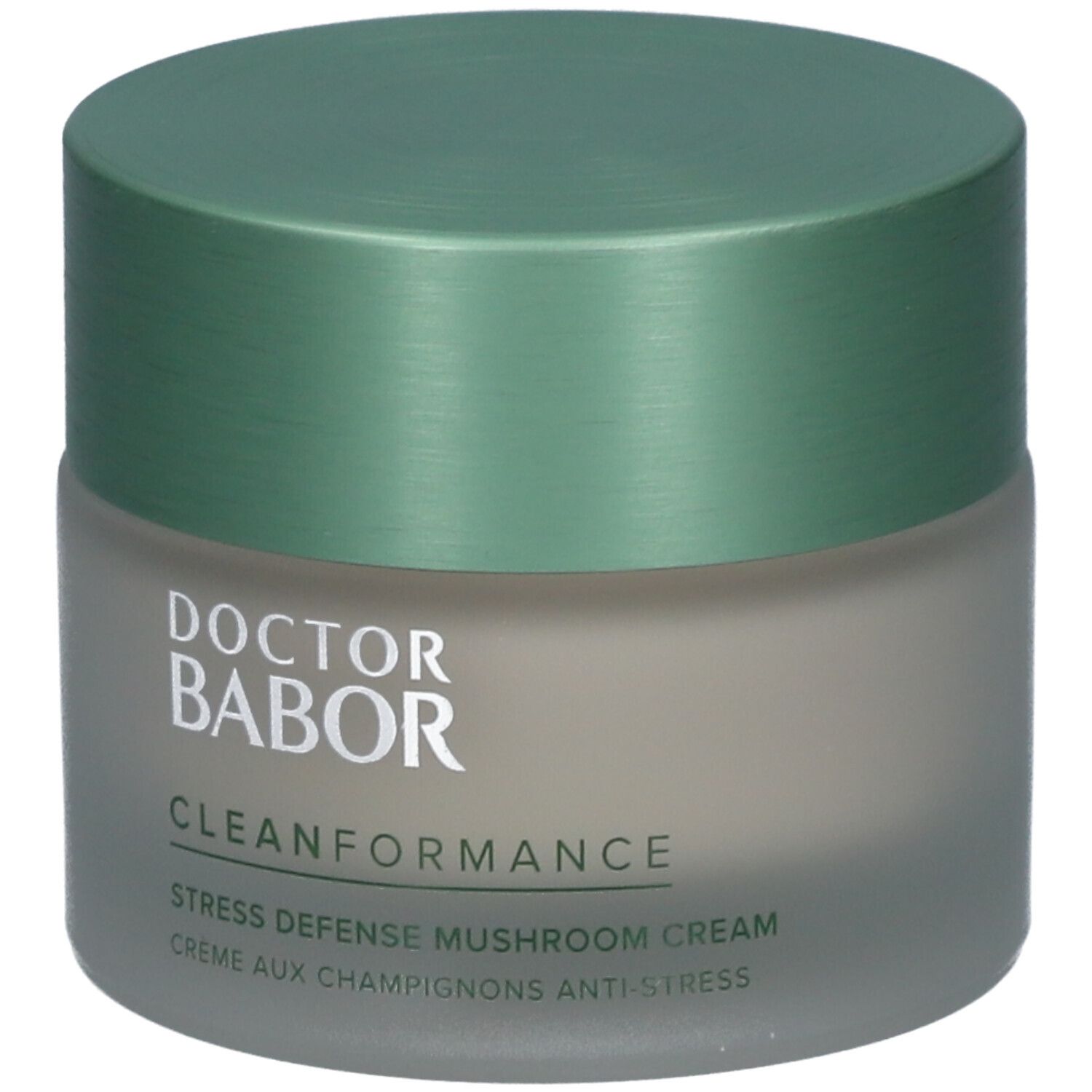 Pot de crème avec couvercle vert. Inscription : Doktor Babor, Clean Formance, Stress Defense Mushroom Cream.