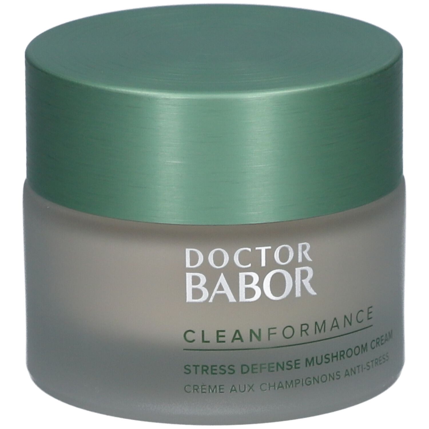 Pot de crème avec couvercle vert. Inscription : Doktor Babor, Clean Formance, Stress Defense Mushroom Cream.