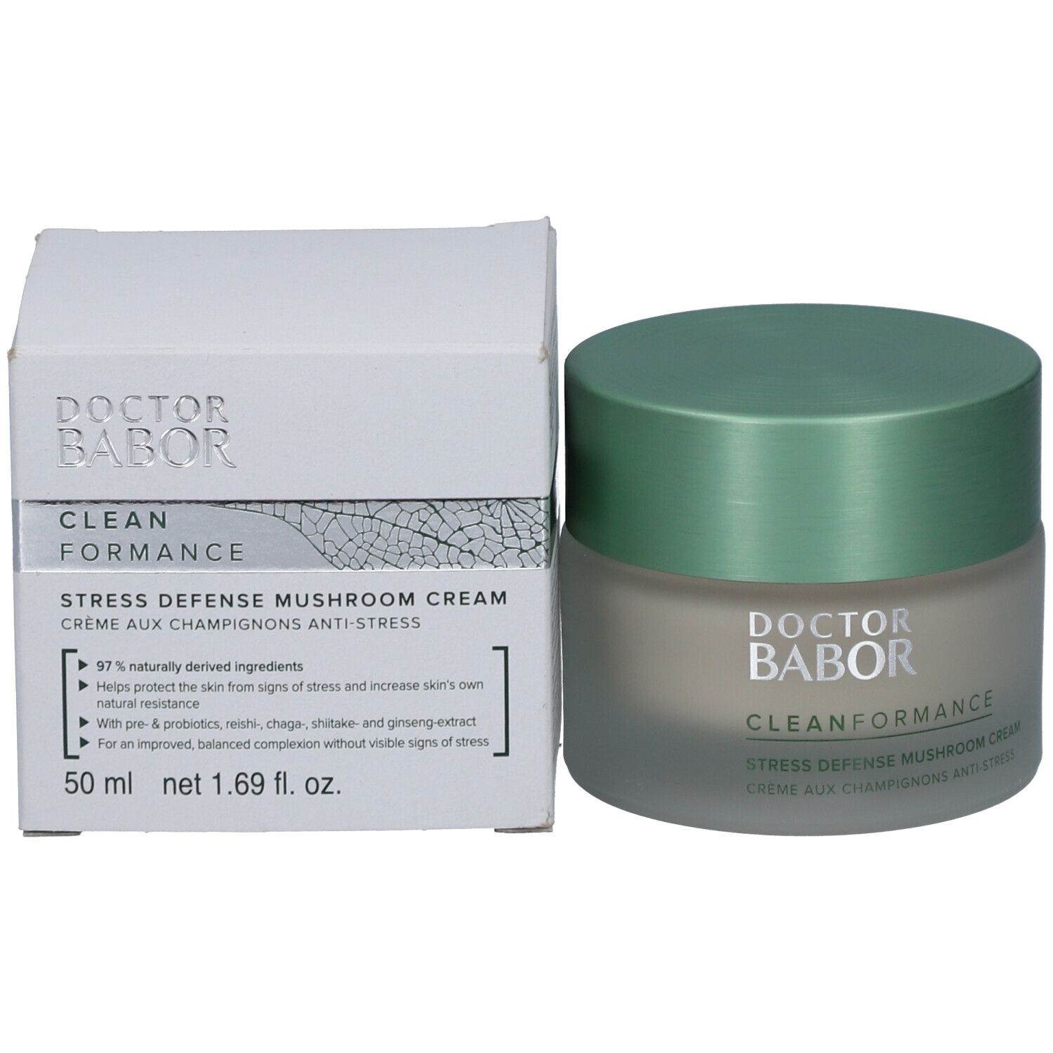 Pot de crème et emballage. Inscription : Doktor Babor, Clean Formance, Stress Defense Mushroom Cream. 50 ml.