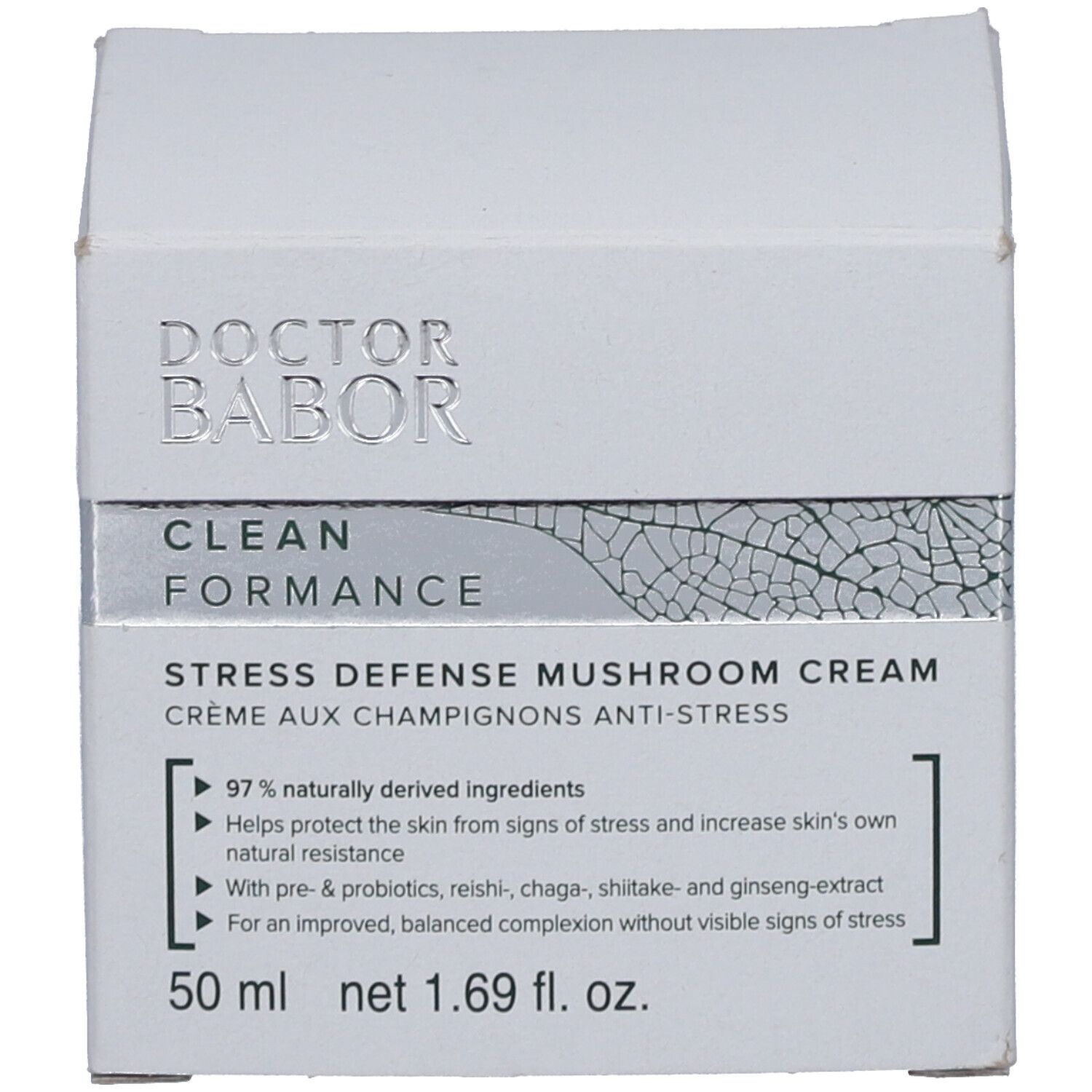 Emballage. Inscription : Doktor Babor, Clean Formance, Stress Defense Mushroom Cream. 50 ml. Ingrédients.