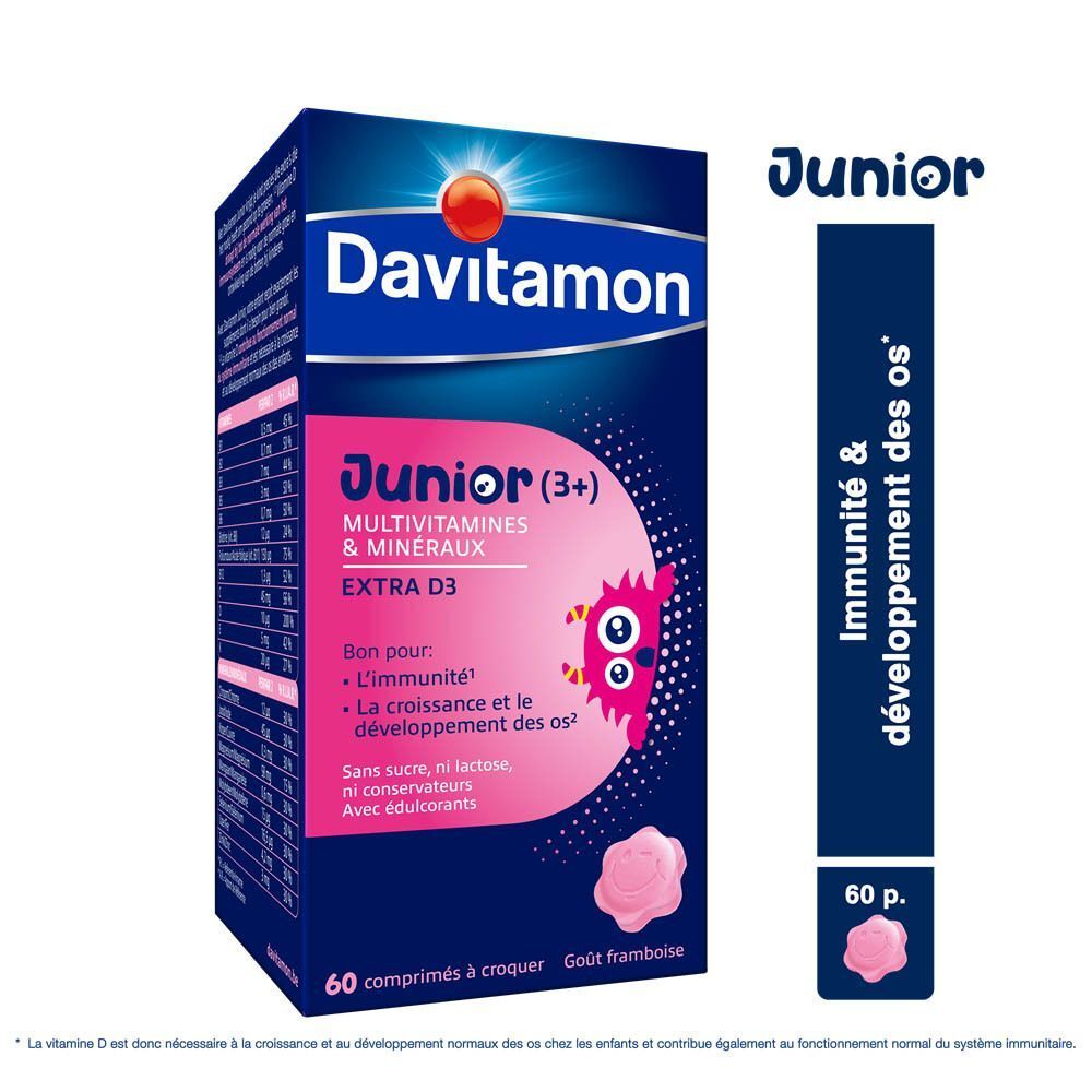 Boîte de Davitamon Junior Framboise Multivitamines et Minéraux avec informations produit sur le côté.