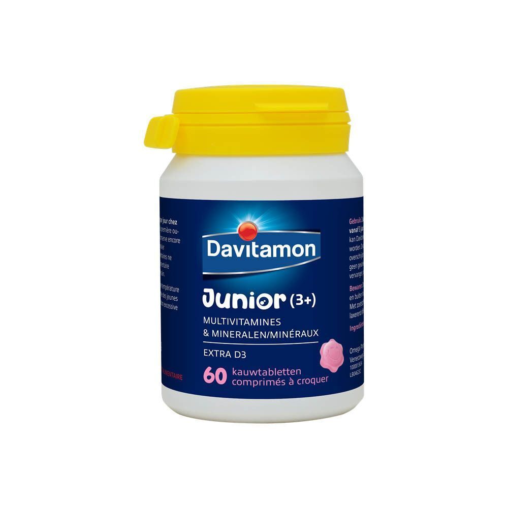 Flacon de Davitamon Junior Framboise Multivitamines et Minéraux, 60 comprimés.