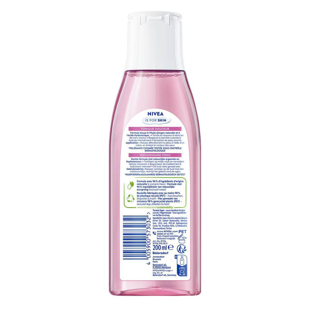 Arrière de la bouteille Nivea Tonique Douceur avec informations produit et code-barres.