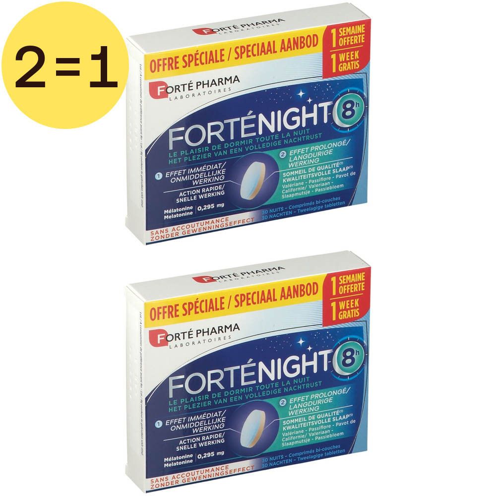 Deux boîtes de FortéNight 8h. Inscription "2=1". Emballage avec nom du produit, logo et informations.