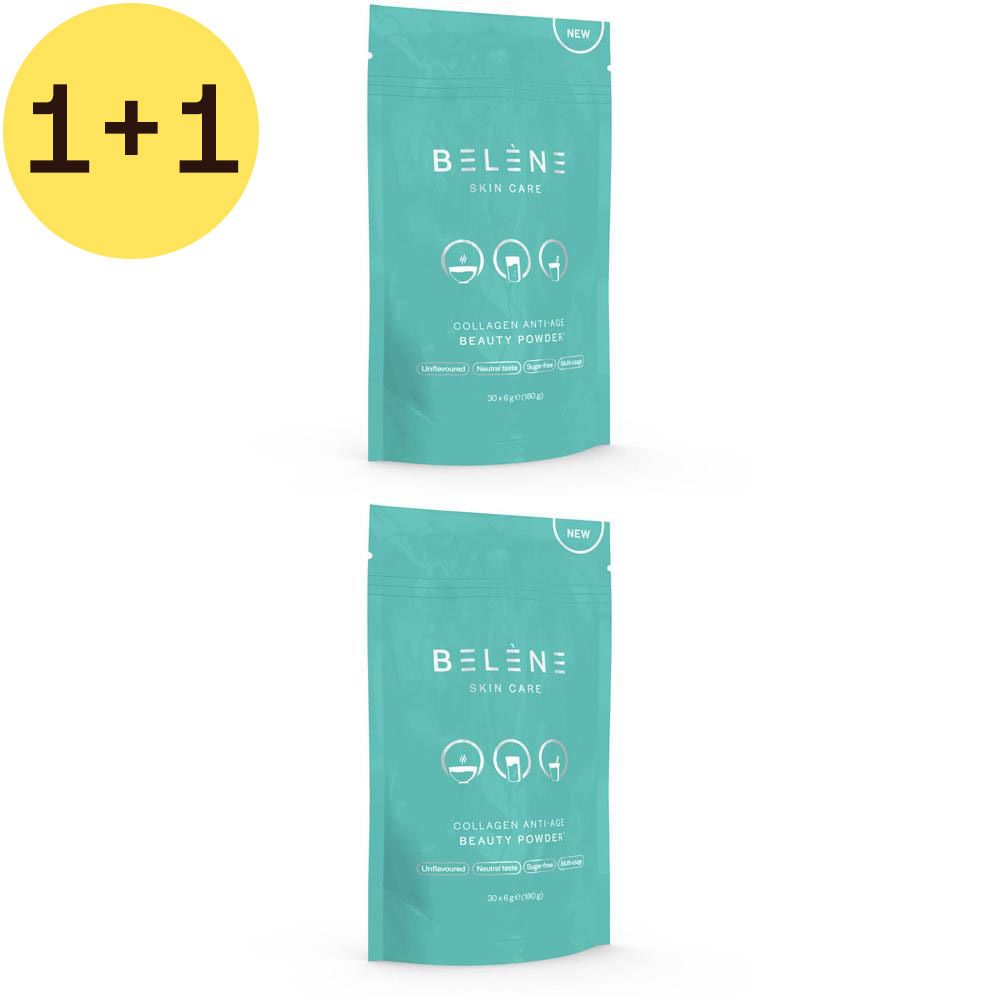 Deux sachets de Belène Collagen Anti-Age Poudre Beauté. Turquoise, logo et texte. Offre 1+1 Gratuit. Inscription: Collagen Anti-Age Beauty Powder.