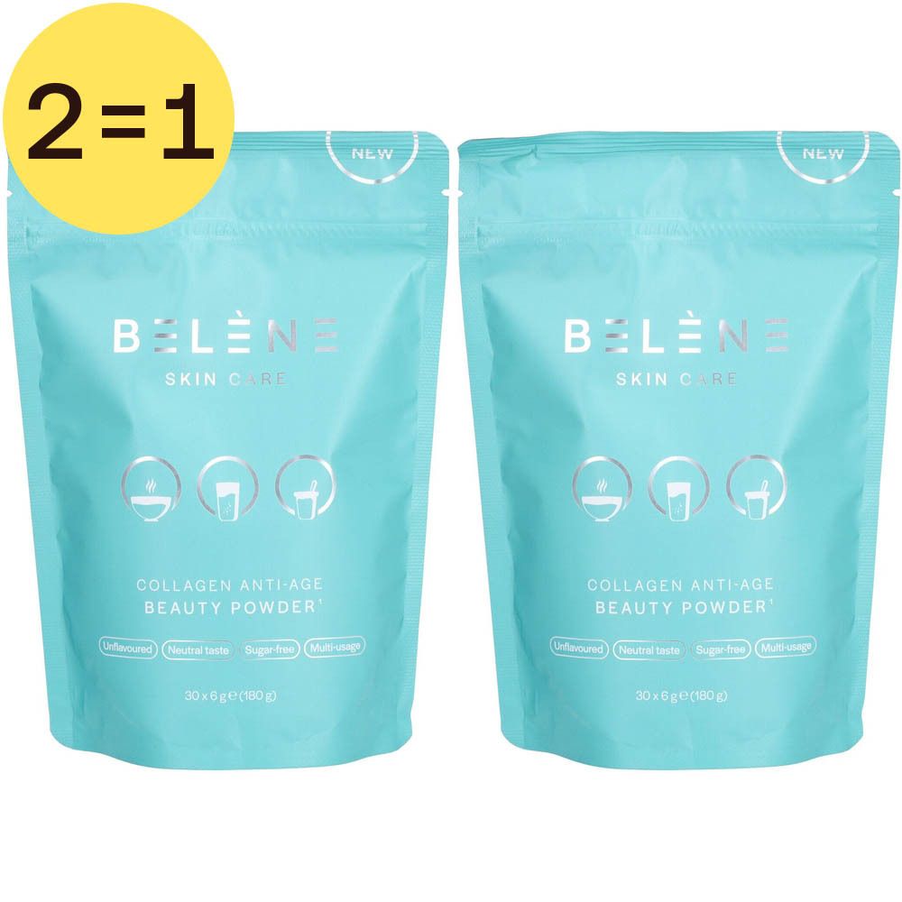 Deux sachets de Belène Collagen Anti-Age Poudre Beauté. Turquoise, logo et texte. Offre 2=1. Inscription: Collagen Anti-Age Beauty Powder.
