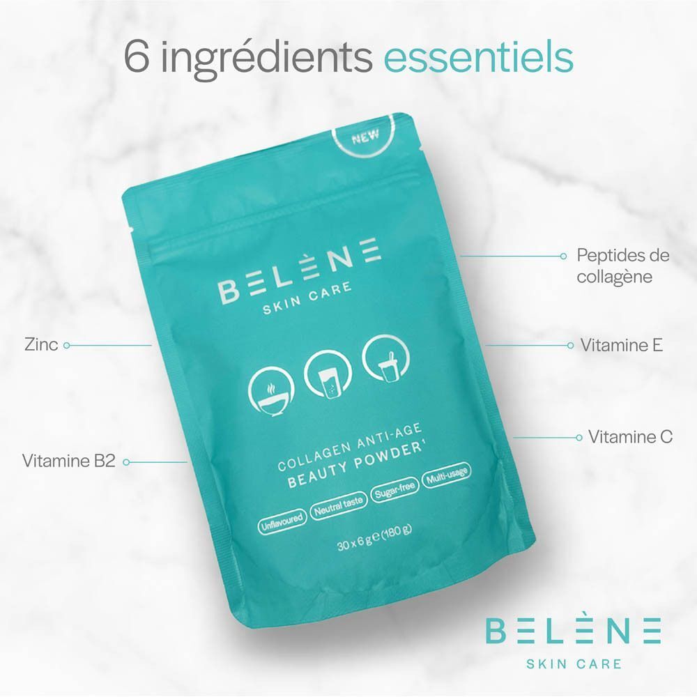 Sachet turquoise Belène Skin Care Collagène anti-âge Beauty Powder. Inscription : 6 ingrédients essentiels. Ingrédients étiquetés.