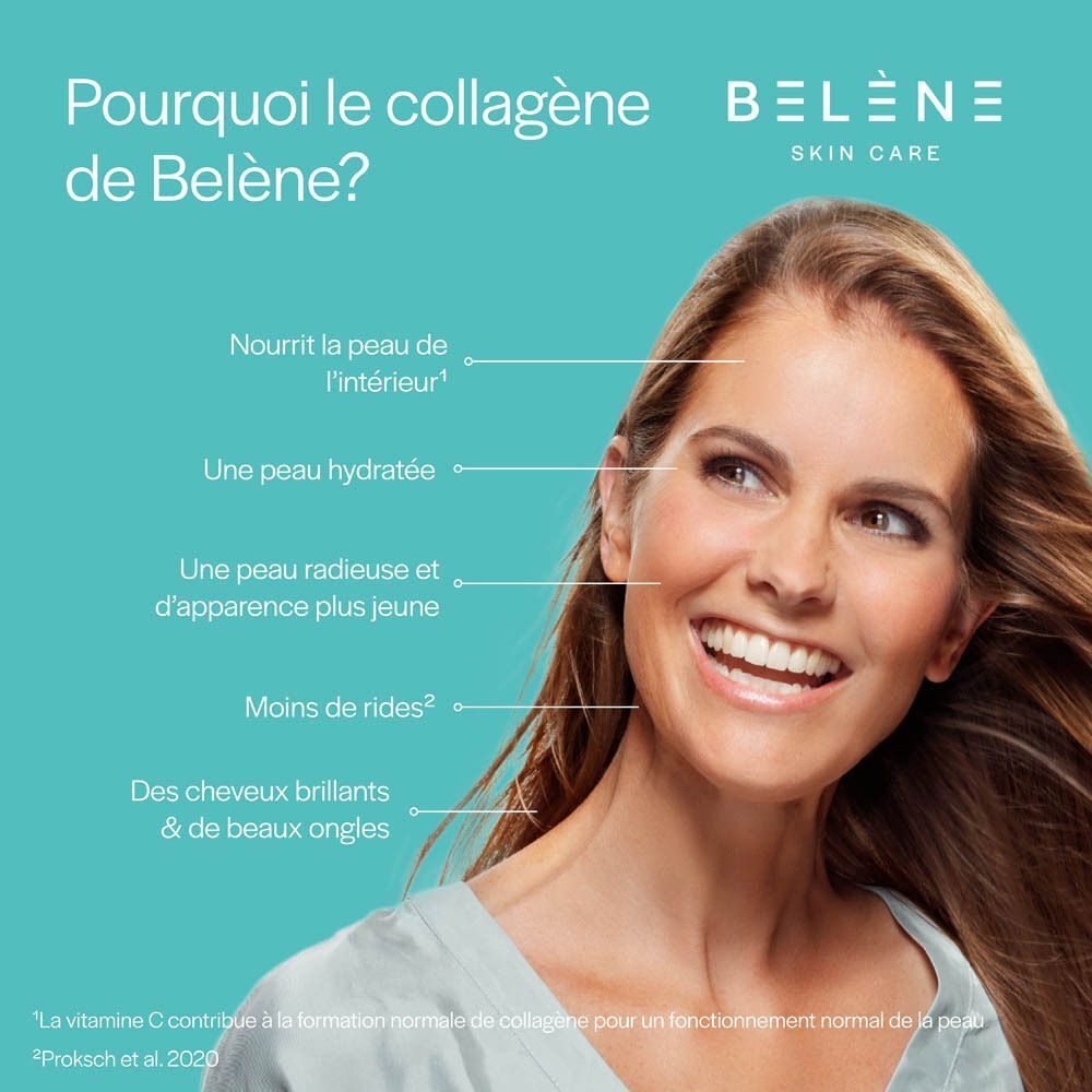 Portrait d'une femme souriante. Texte : Pourquoi le collagène Belène ? Peau, hydratation, éclat, moins de rides, cheveux brillants.