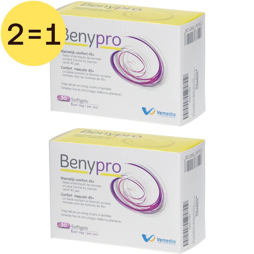 Deux boîtes de Benypro. Inscription: Confort masculin 45+. 30 gélules. Logo Vemedica. Étiquette jaune "2=1".