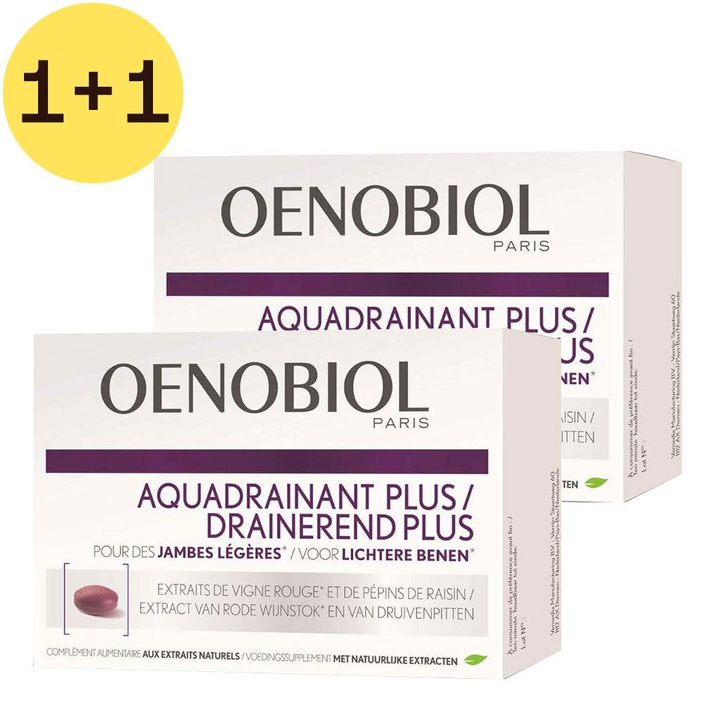 Deux boîtes Oenobiol Aquadrainant Plus. Inscription: Aquadrainant Plus, pour jambes légères. Offre 1+1.