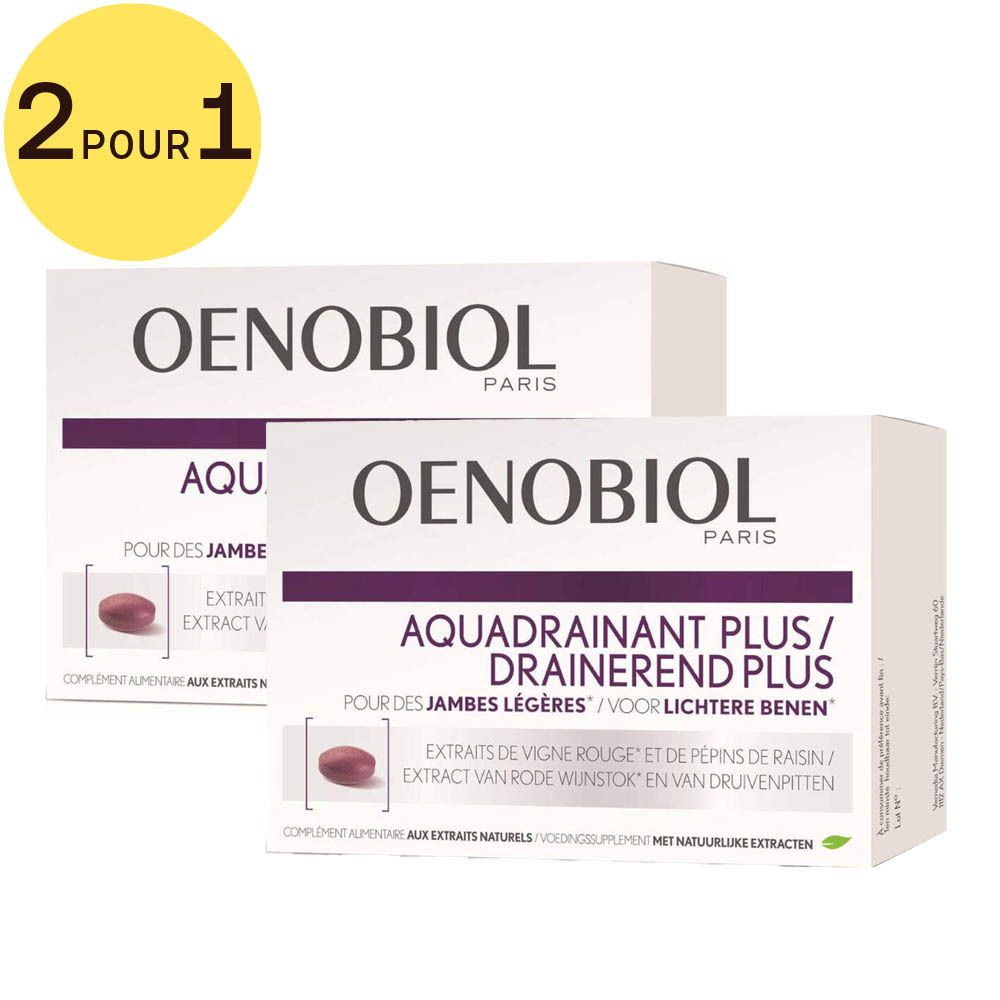 Deux boîtes Oenobiol Aquadrainant Plus. Inscription: Aquadrainant Plus, pour jambes légères. Offre: 2 pour 1.