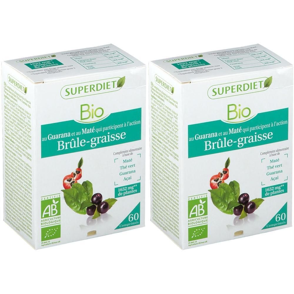 Deux boîtes 'Superdiet Bio Brûle-graisse'. Emballage vert et blanc, logo et texte.