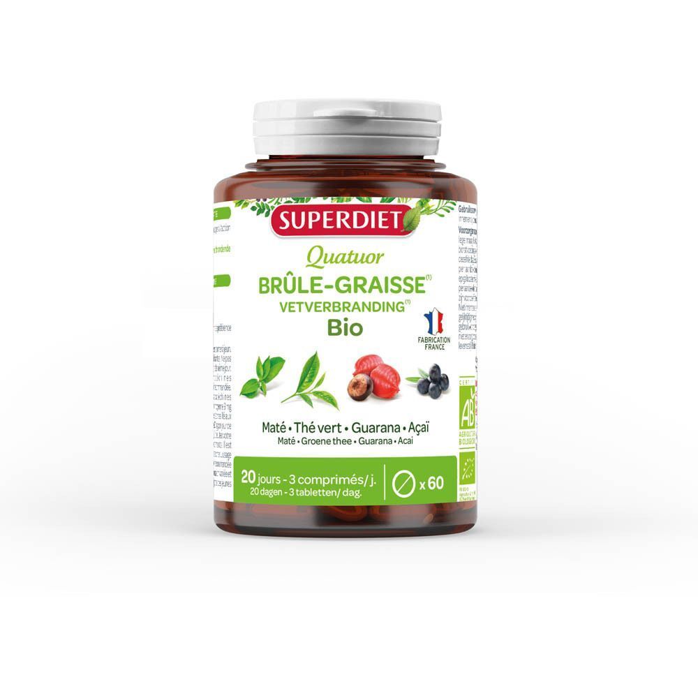 Bouteille Superdiet Quatuor Brûle-Graisse Bio de 60 gélules. Contient maté, thé vert, guarana, açaï. Logo Bio et drapeau France visibles.