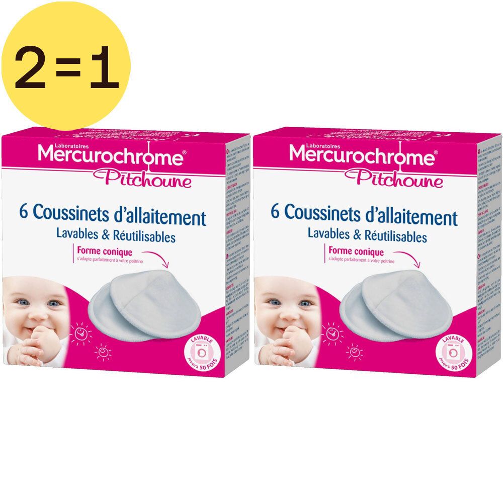 Deux boîtes de coussinets d'allaitement "Mercurochrome Pitchoune". Chaque boîte contient 6 coussinets lavables et réutilisables.
