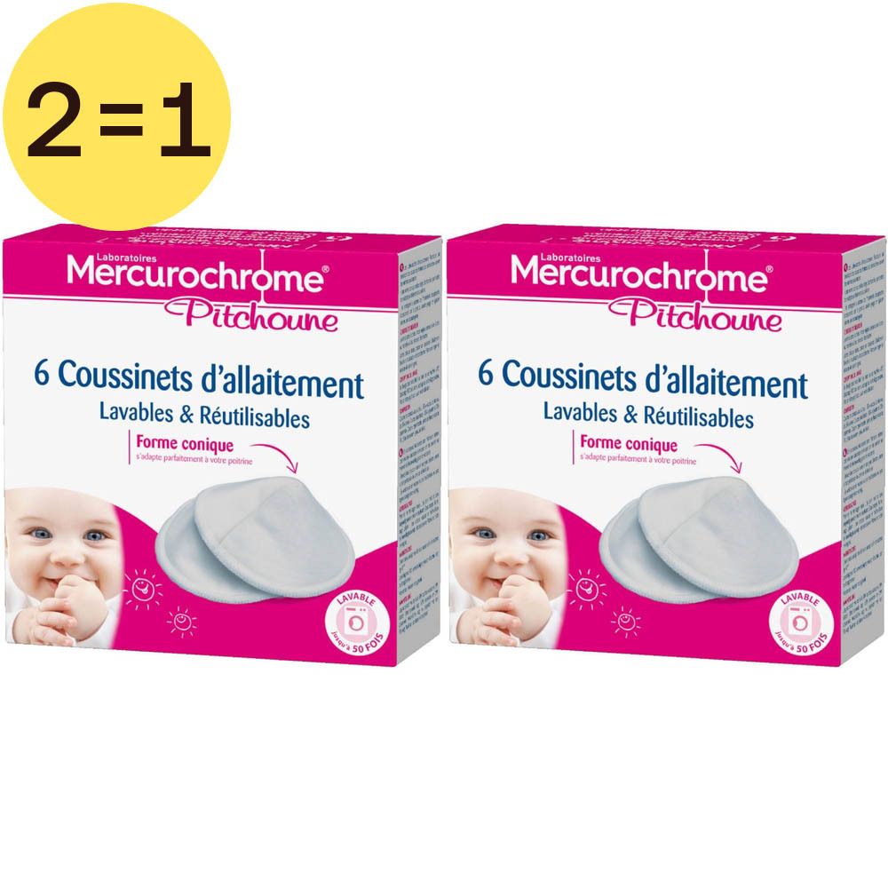 Deux boîtes de coussinets d'allaitement "Mercurochrome Pitchoune". Chaque boîte contient 6 coussinets lavables et réutilisables.