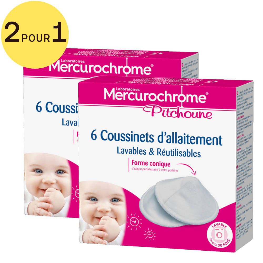 Deux boîtes de coussinets d'allaitement "Mercurochrome Pitchoune". Chaque boîte contient 6 coussinets lavables et réutilisables.