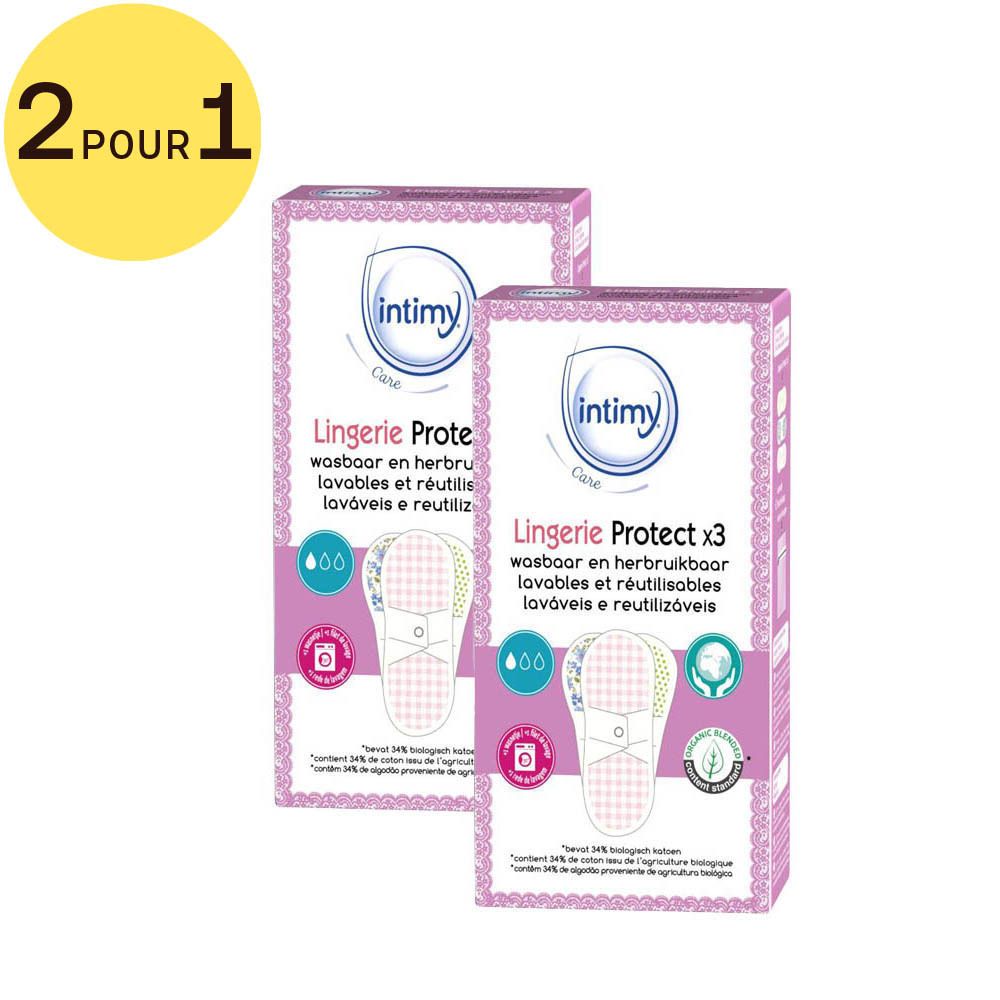 Deux boîtes de Intimy Care Lingerie Protect. Protège-lingerie lavables et réutilisables. Emballage rose avec image du produit.