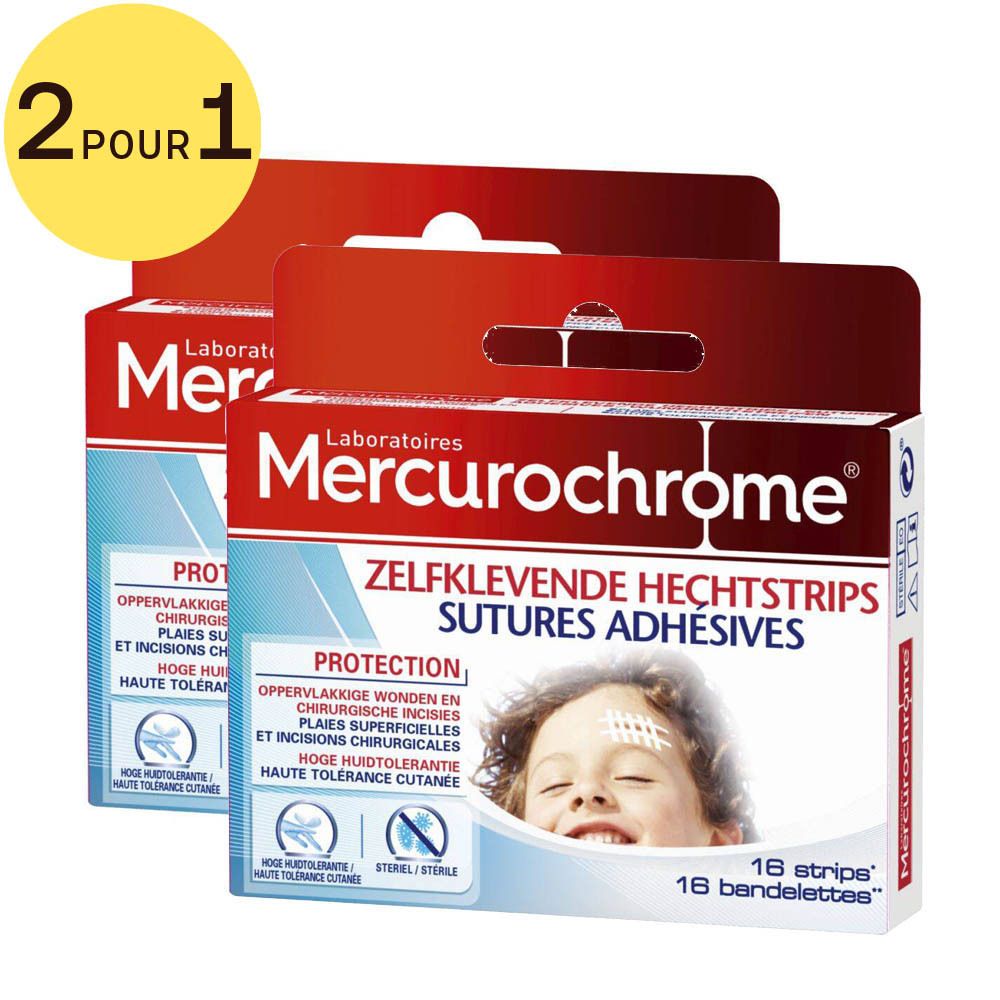 Deux boîtes de sutures adhésives Mercurochrome. Emballage rouge et blanc avec nom du produit et enfant. Offre 2 pour 1.