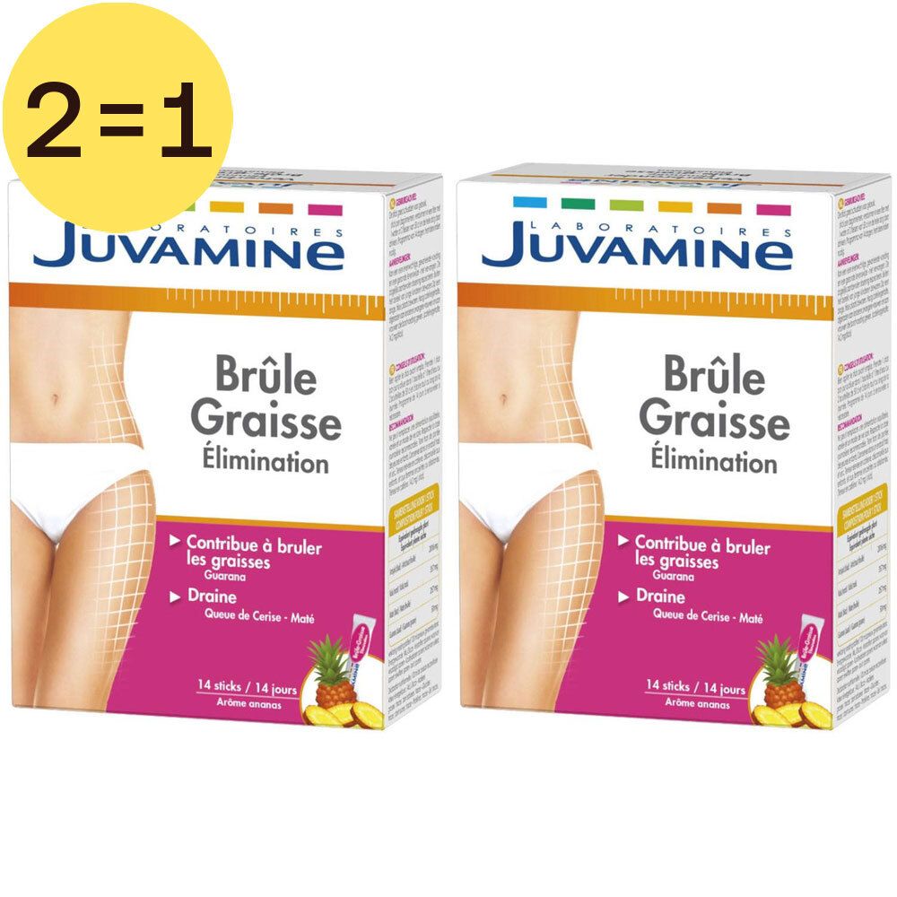 Deux boîtes de produit. Inscription: Brûle Graisse Élimination. Cercle jaune avec "2=1".