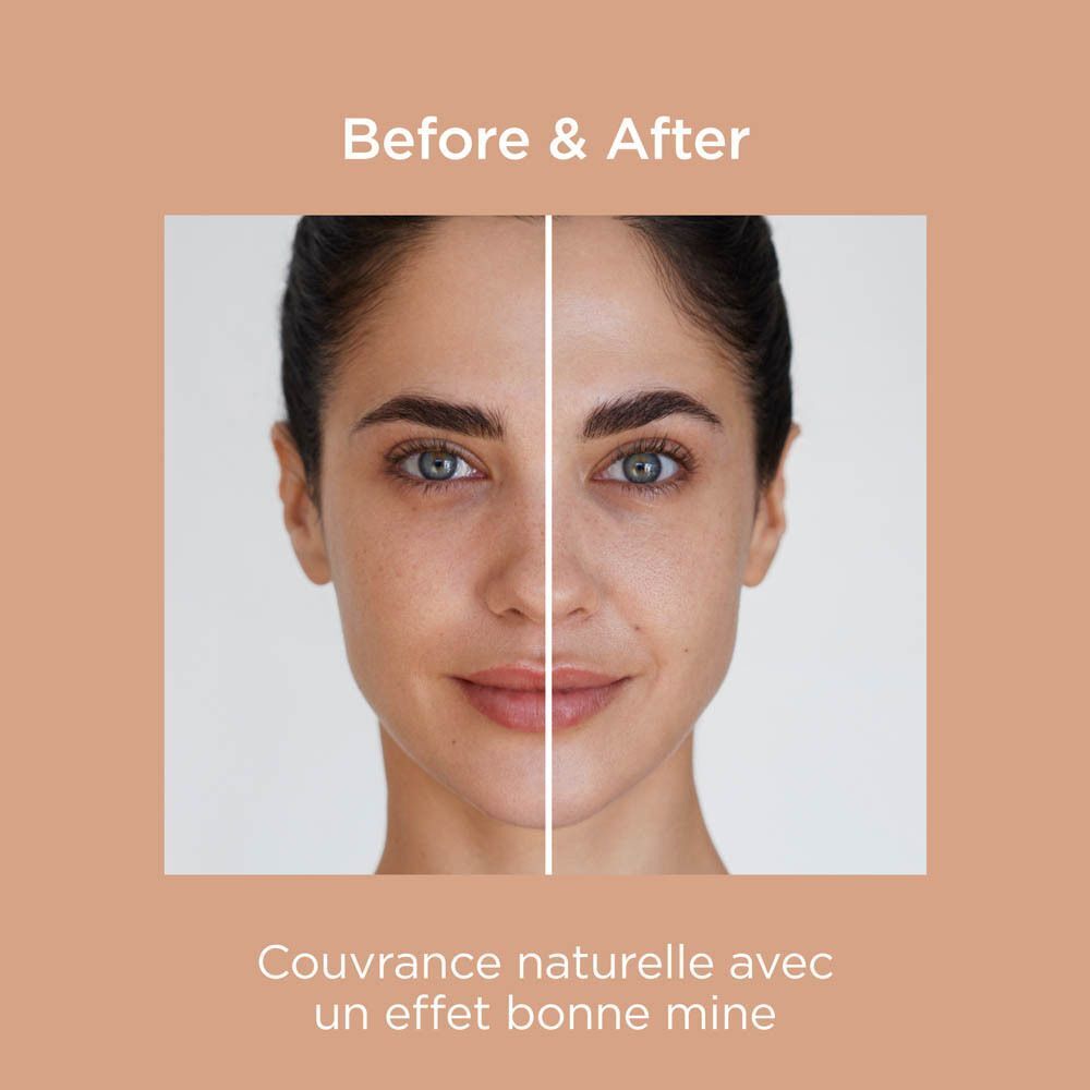 Comparaison avant-après d'un visage montrant une couvrance naturelle.
