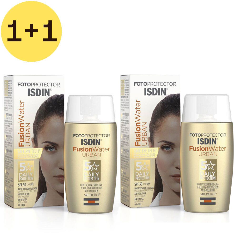 Deux flacons et deux boîtes ISDIN Fusion Water Urban SPF 30. Inscriptions : FOTOPROTECTOR, ISDIN, Fusion Water Urban, 5 Daily Protection.