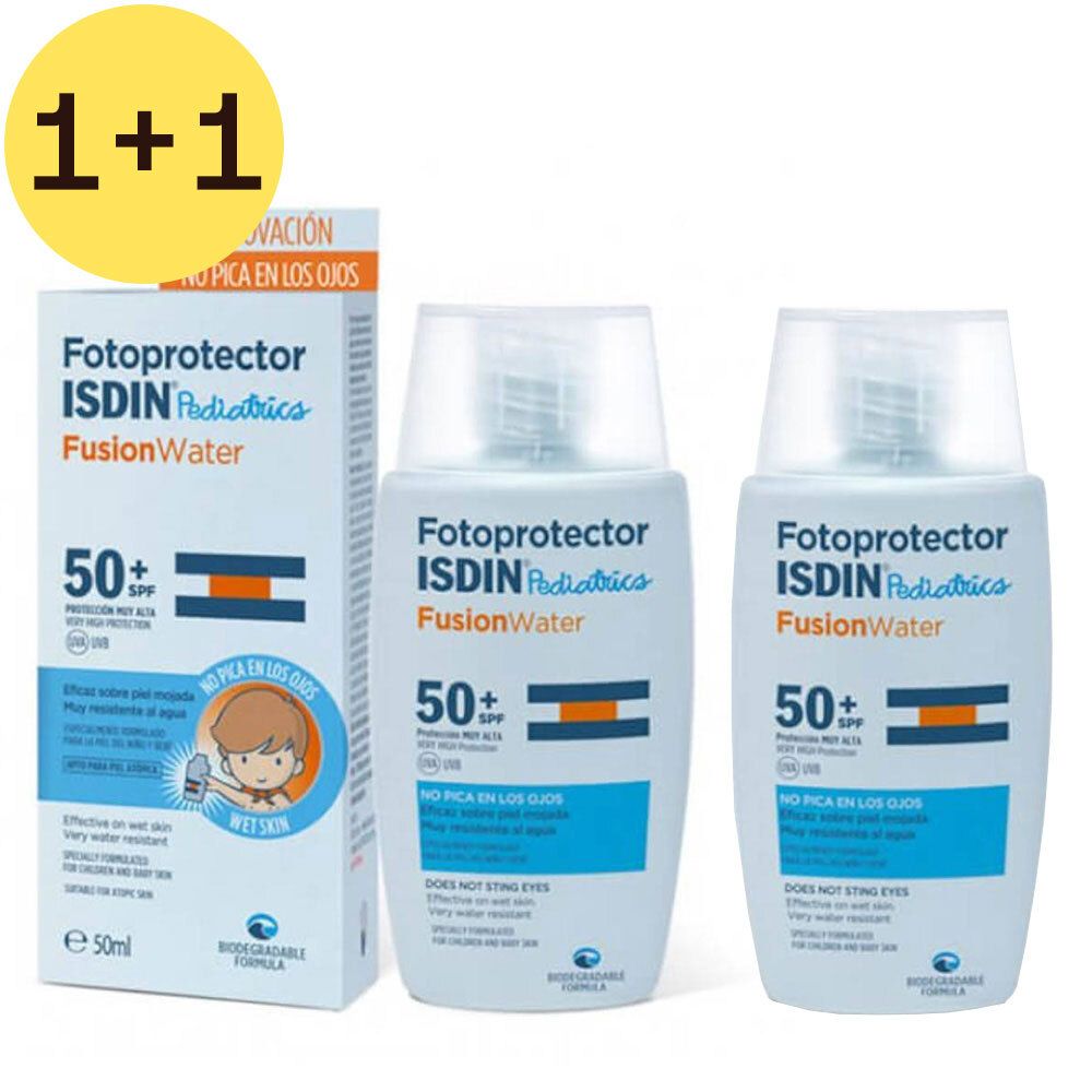 Deux flacons et une boîte avec "Fotoprotector ISDIN Pediatrics FusionWater 50+". Cercle jaune avec "1+1".