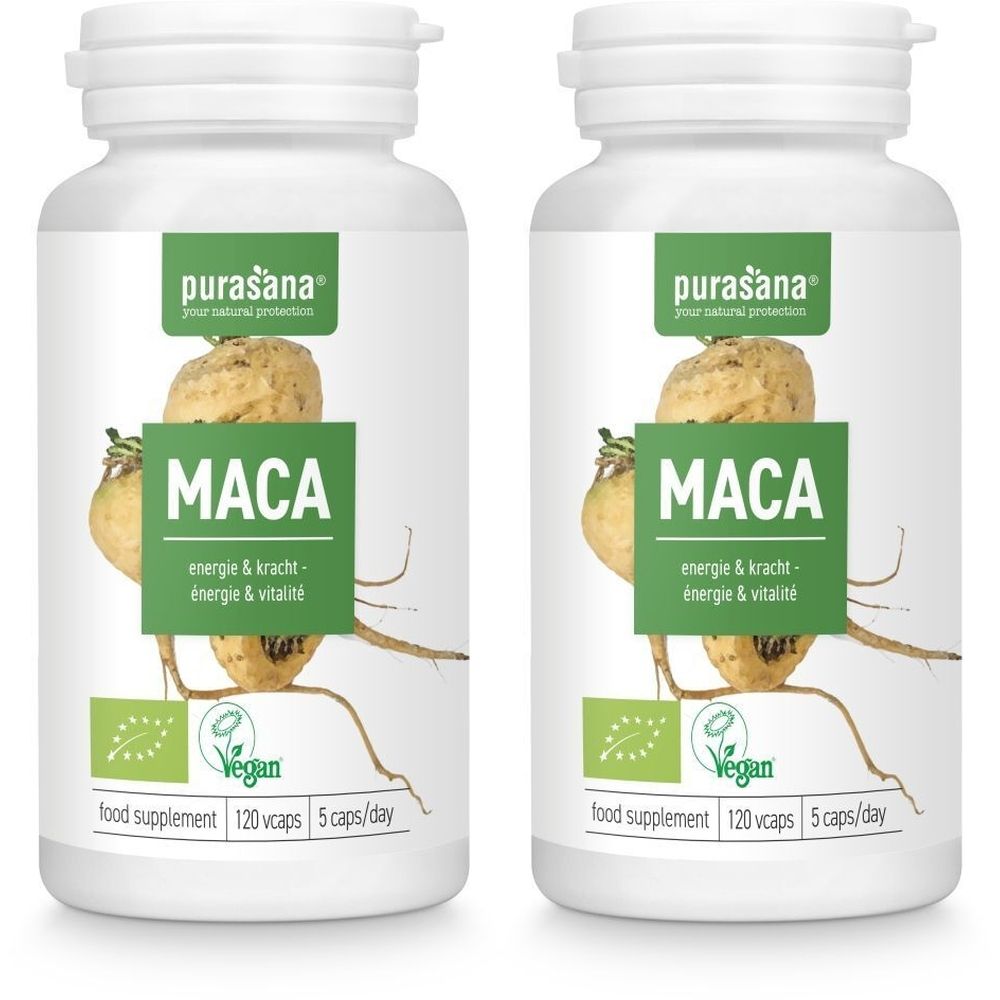 Deux flacons blancs avec étiquettes. Inscription: purasana® Maca, énergie & vitalité, Vegan. Label bio.