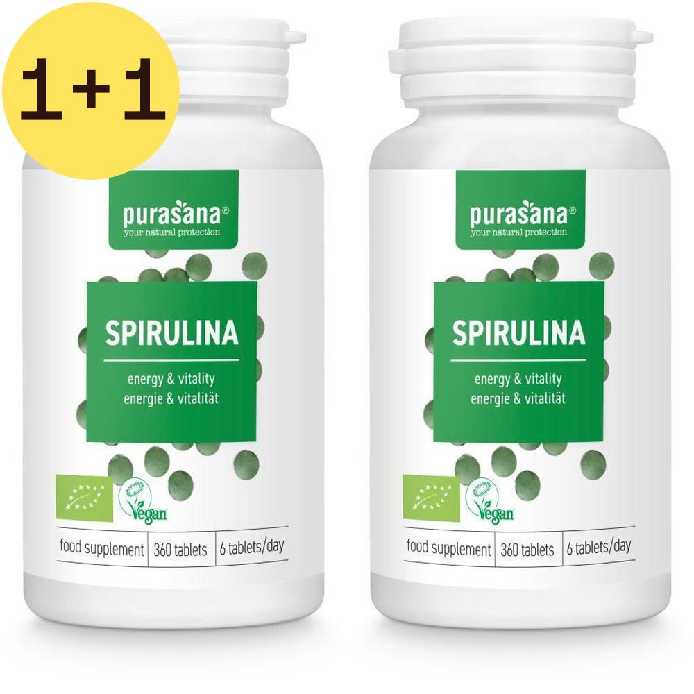 Deux flacons de Spiruline Bio. L'un affiche "1+1". Les deux indiquent "Spirulina" et "Vegan".