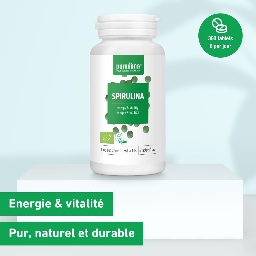Flacon de Spiruline Bio sur socle. Inscriptions : Spirulina, Energie & vitalité, 360 comprimés, Vegan.