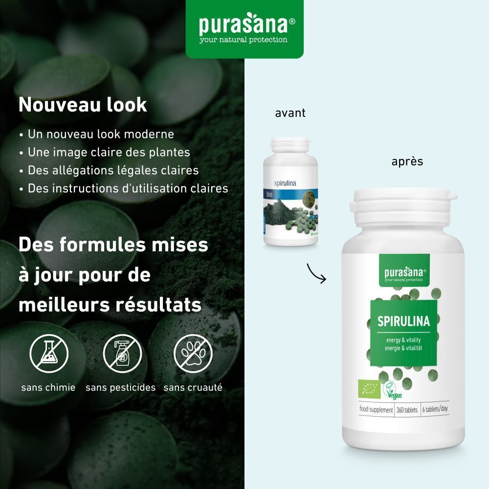 Comparaison ancien et nouveau flacon Spiruline Bio. Nouveau flacon : Spirulina, Vegan. Symboles : sans chimie, pesticides, cruauté.