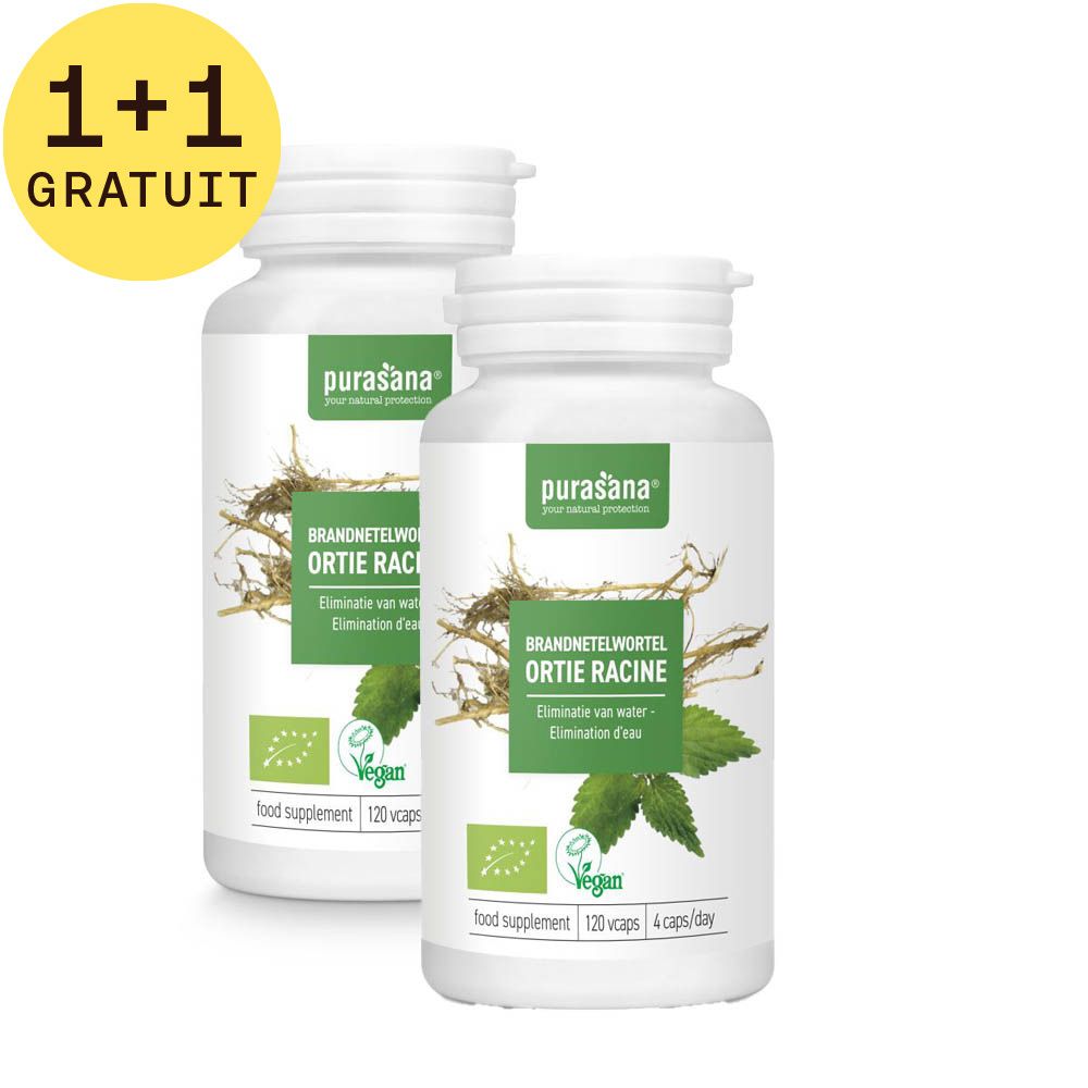 Deux flacons blancs avec étiquettes. Inscription : Purasana, Ortie Racine. 1+1 GRATUIT. Logo Vegan.