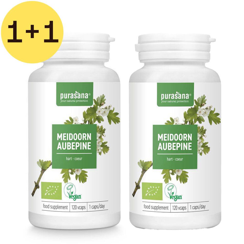 Deux flacons blancs avec étiquettes vertes. Inscription: Meidoorn Aubepine, Vegan, 1+1 gratuit. Certification bio.